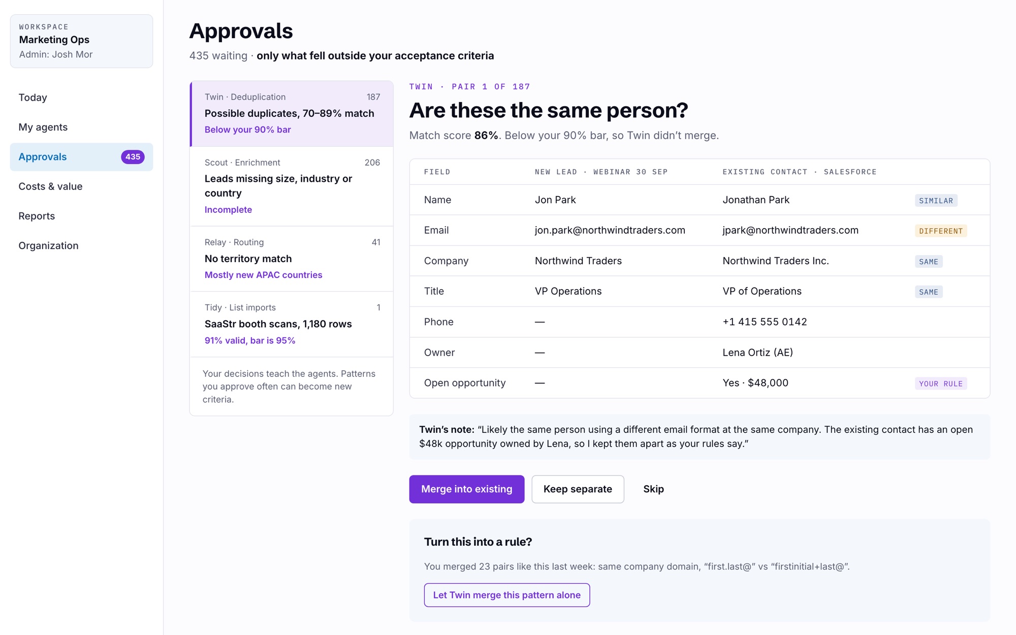 Approvals in the Tanomis Console: an agent asks whether two lead records are the same person, with a field-by-field comparison, its note, and options to merge, keep separate, or turn the decision into a rule